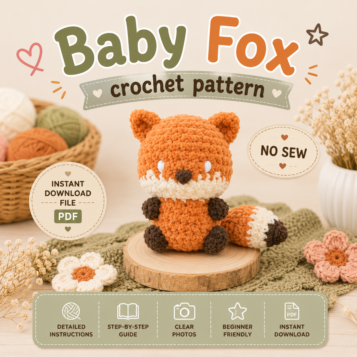 BbyFox1 No Sew Crochet Fox Pattern PDF, Cute Amigurumi Woodland Plushie Tutorial, Kawaii Chunky Animal Toy, Nursery Decor Gift Download - Image 1