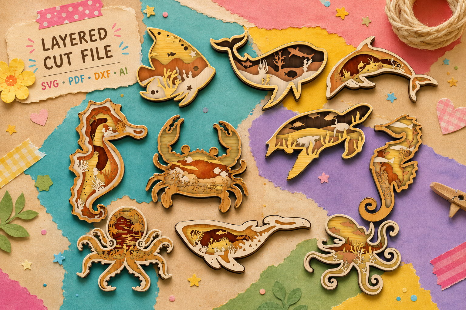 ChatGPT Image 18_35_09 5 thg 6, 2026 Ocean Animals Mega Bundle 14 Designs SVG | 3D Multilayer Wood Laser Cut Files | Sea Life Wall Art | Glowforge Xtool CNC - Image 1