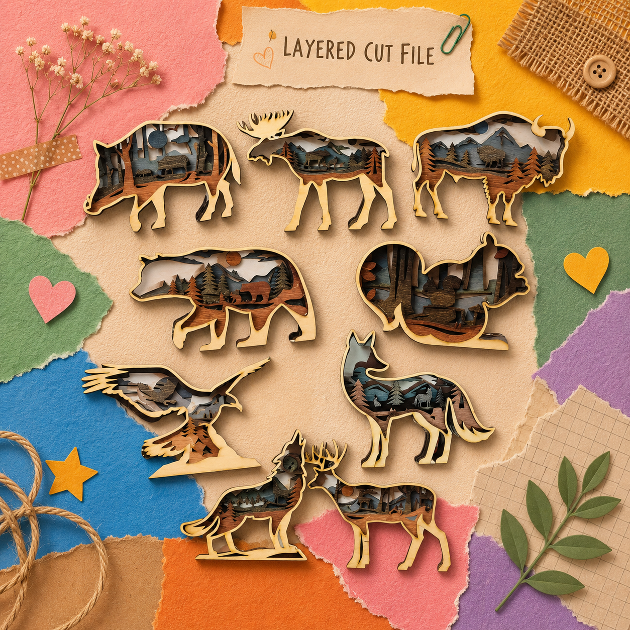 ChatGPT Image 18_59_44 5 thg 6, 2026 Kit Animals Laser Cut Bundle | 10 Layered SVG Files for Glowforge | 3D Wood Animal Wall Art Templates - Image 1