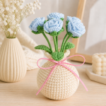 Crochet Flower Bouquet PDF Pattern, Blue Crochet Rose Flower Tutorial, Amigurumi Floral Arrangement DIY, Handmade Decor, Instant Download