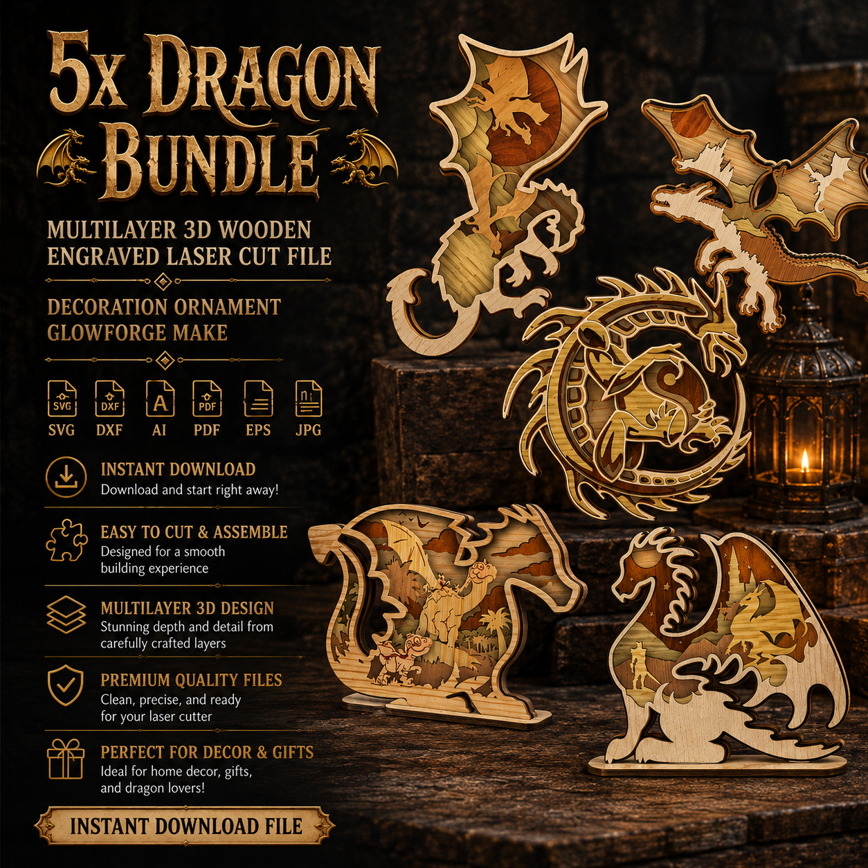 ChatGPT Image Jun 1, 2026, 06_37_31 PM 5x Dragon Bundle 3D Multilayer Laser Cut File | Fantasy Dragon Wooden Decor for Glowforge Xtool Cricut CNC | Svg Dxf Ai Pdf - Image 1