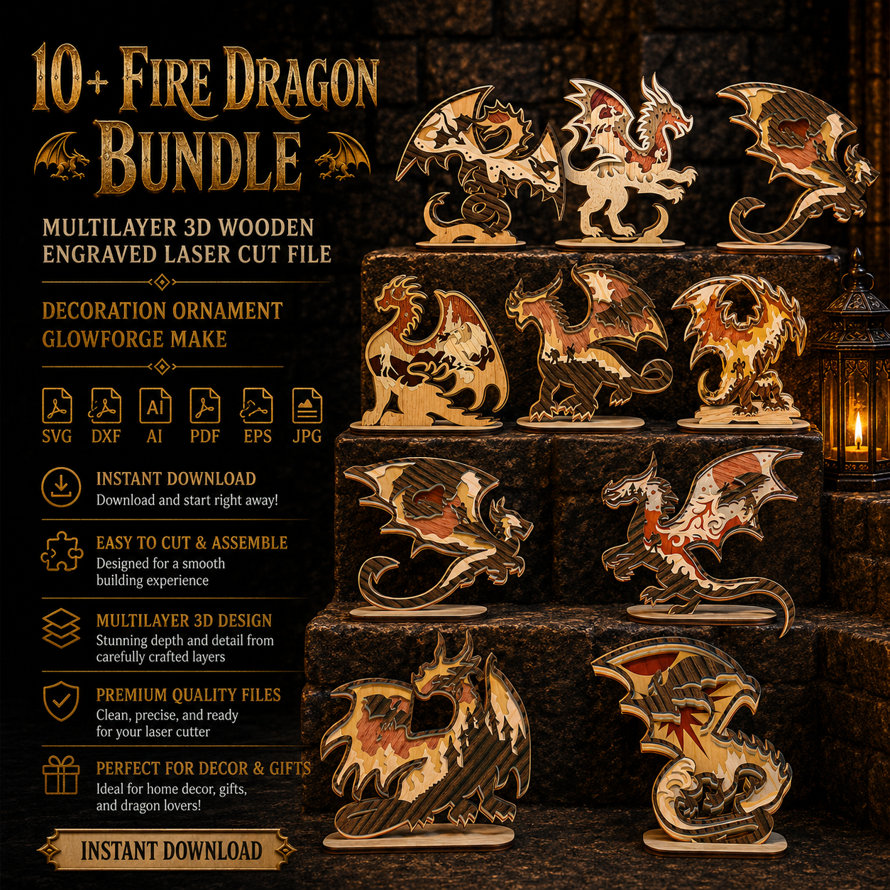 ChatGPT Image Jun 1, 2026, 08_57_35 PM 10+ Fire Dragon Bundle 3D Multilayer Laser Cut File | Fantasy Dragon Wooden Decor for Glowforge Xtool Cricut CNC | Svg Dxf Ai Pdf - Image 1