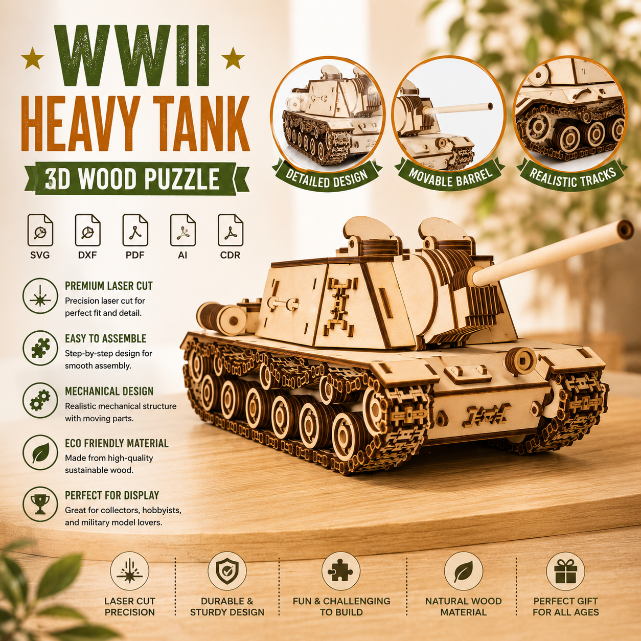 ChatGPT Image Jun 10, 2026, 07_14_05 PM WWII Heavy Tank 3D Wood Puzzle Laser Cut File | Military Vehicle Model Kit for Glowforge Xtool CNC | Svg Dxf Cdr Pdf - Image 1