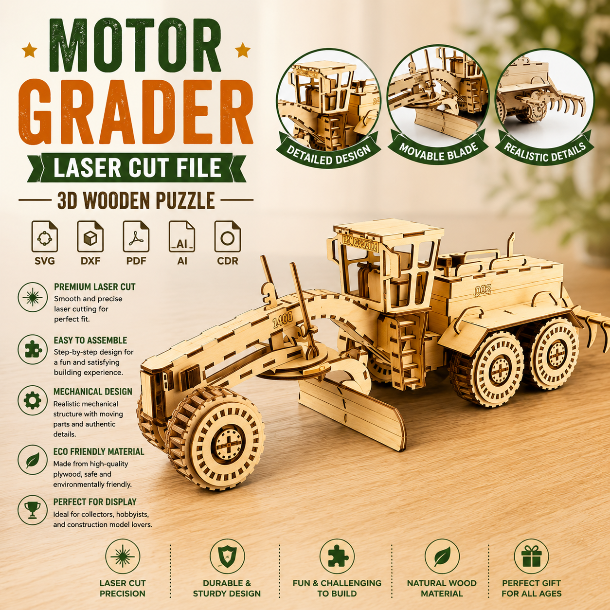 ChatGPT Image Jun 10, 2026, 07_53_31 PM Motor Grader 3D Wooden Puzzle Laser Cut File | Construction Vehicle Model for Glowforge Xtool CNC | Svg Dxf Pdf - Image 1