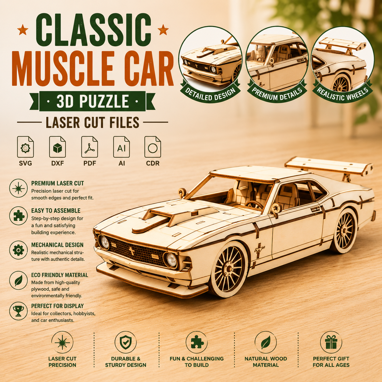 ChatGPT Image Jun 10, 2026, 08_21_43 PM Classic Muscle Car 3D Puzzle Laser Cut File | Wooden Model Kit for Glowforge Xtool CNC | Svg Dxf Vintage Car Plan - Image 1
