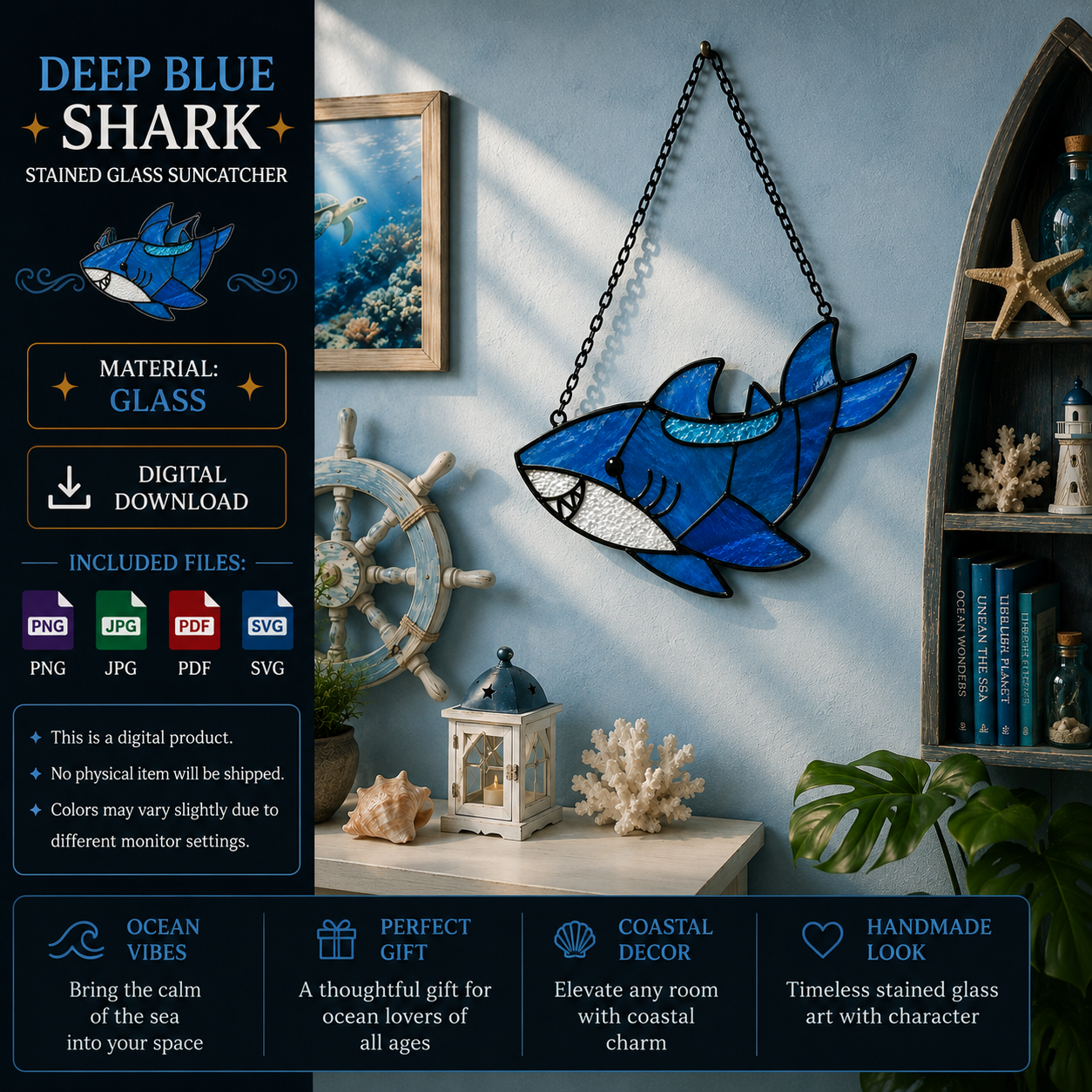 ChatGPT Image Jun 11, 2026, 07_18_26 PM Deep Blue Shark Stained Glass Suncatcher Pattern, Ocean Shark Window Hanging, Coastal Beach Decor, Marine Life Gift - Image 1