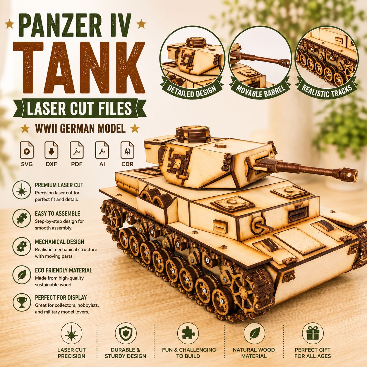 ChatGPT Image Jun 11, 2026, 07_21_19 PM Panzer IV Tank 3D Laser Cut File | WWII German Tank Wooden Model Kit for Glowforge Xtool CNC | Svg Dxf Pdf - Image 1