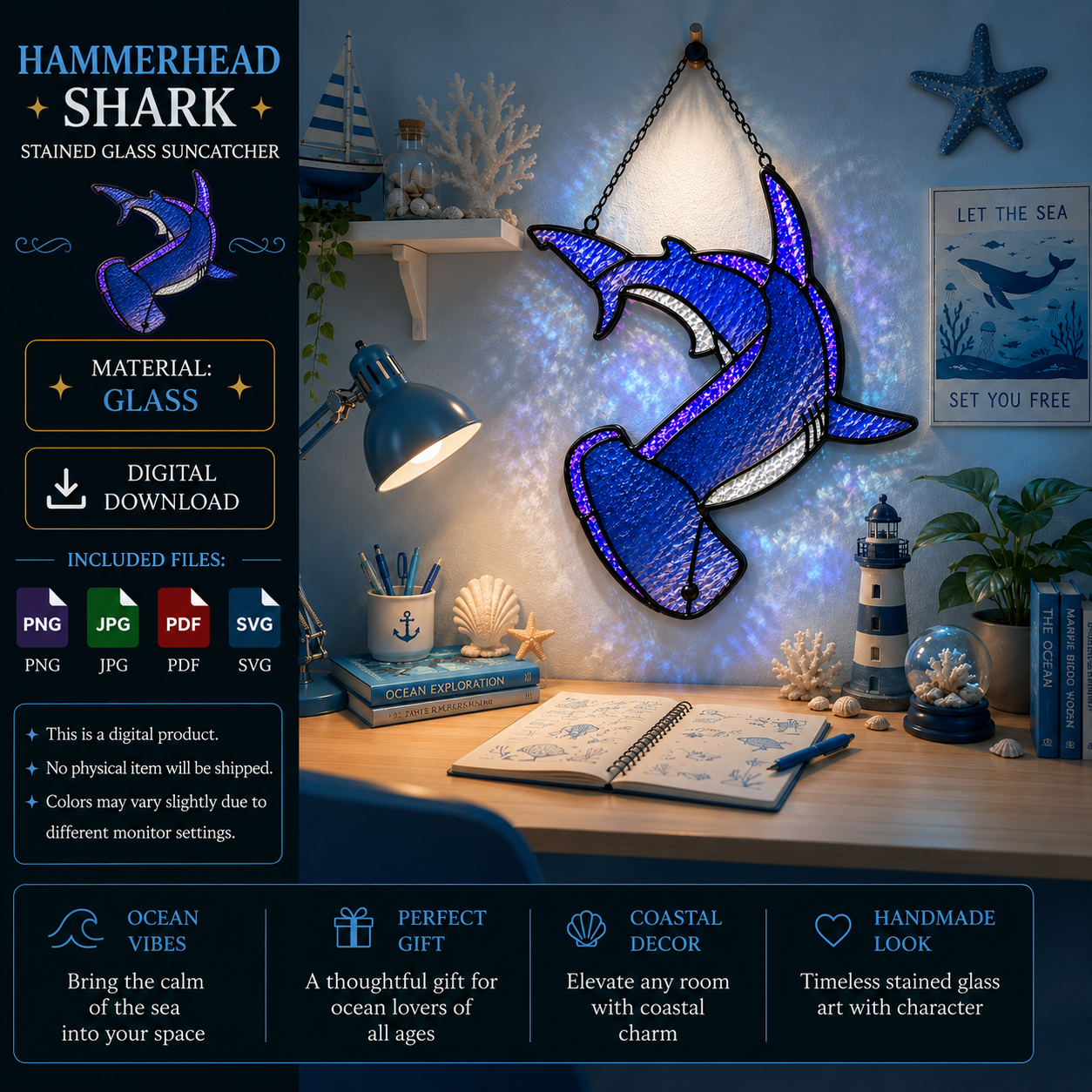 ChatGPT Image Jun 11, 2026, 07_24_55 PM Hammerhead Shark Stained Glass Suncatcher Pattern, Coastal Ocean Window Hanging, Marine Life Decor, DIY Glass Art - Image 1