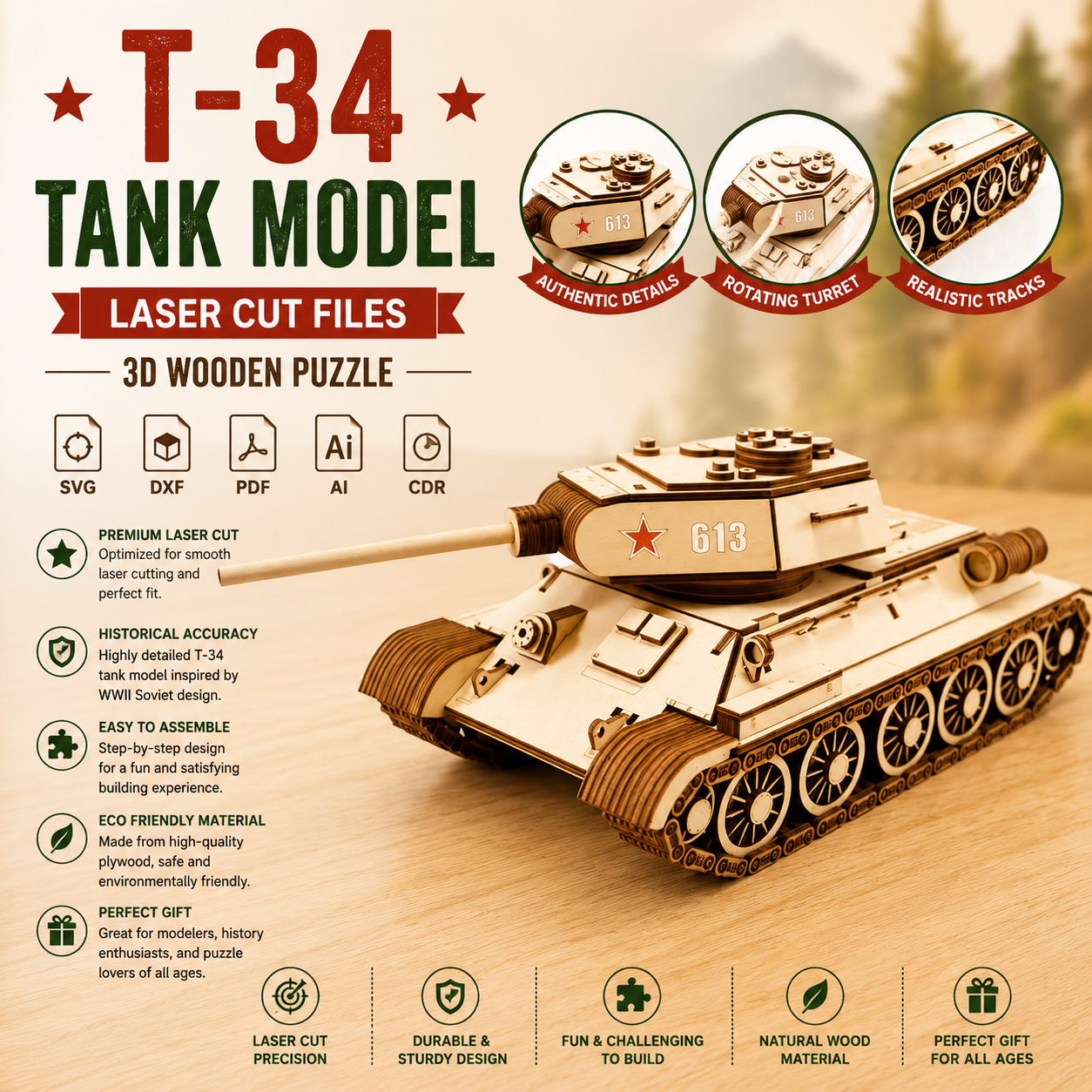 ChatGPT Image Jun 11, 2026, 07_36_39 PM T-34 Tank 3D Laser Cut File | WWII Soviet Military Vehicle Wooden Model Kit for Glowforge Xtool CNC | Svg Dxf Pdf - Image 1