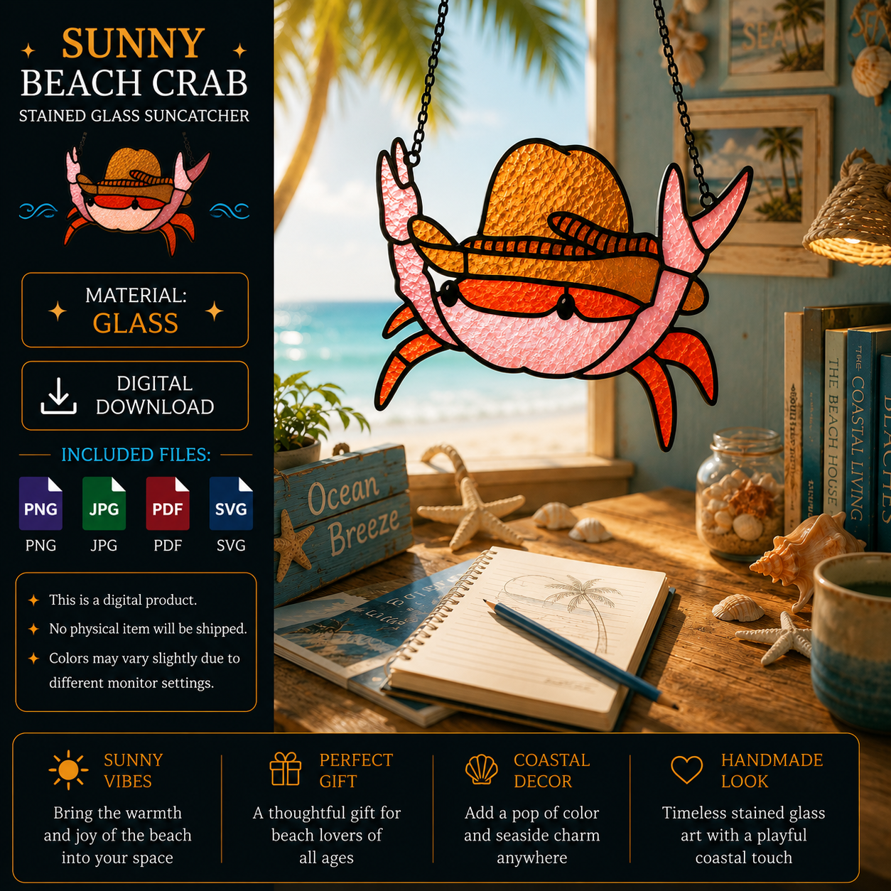ChatGPT Image Jun 11, 2026, 08_31_51 PM Sunny Beach Crab Stained Glass Suncatcher Pattern, Coastal Window Hanging, Beach House Decor, Ocean Lover Gift - Image 1