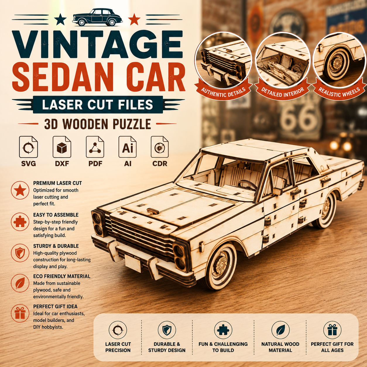 ChatGPT Image Jun 12, 2026, 07_06_30 PM Vintage Sedan Car 3D Wooden Puzzle Laser Cut File | Classic Car Model Kit for Glowforge Xtool CNC | Svg Dxf Pdf - Image 1