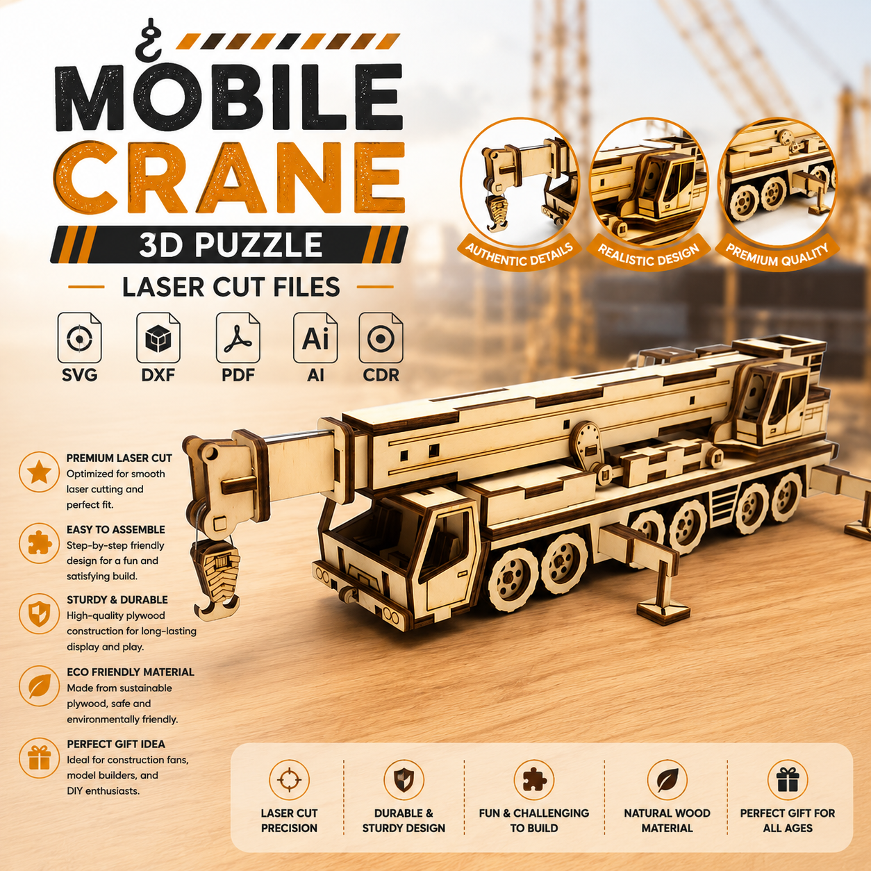 ChatGPT Image Jun 12, 2026, 07_21_51 PM Mobile Crane 3D Puzzle Laser Cut File | Construction Truck Wooden Model Kit for Glowforge Xtool CNC | Svg Dxf Pdf - Image 1