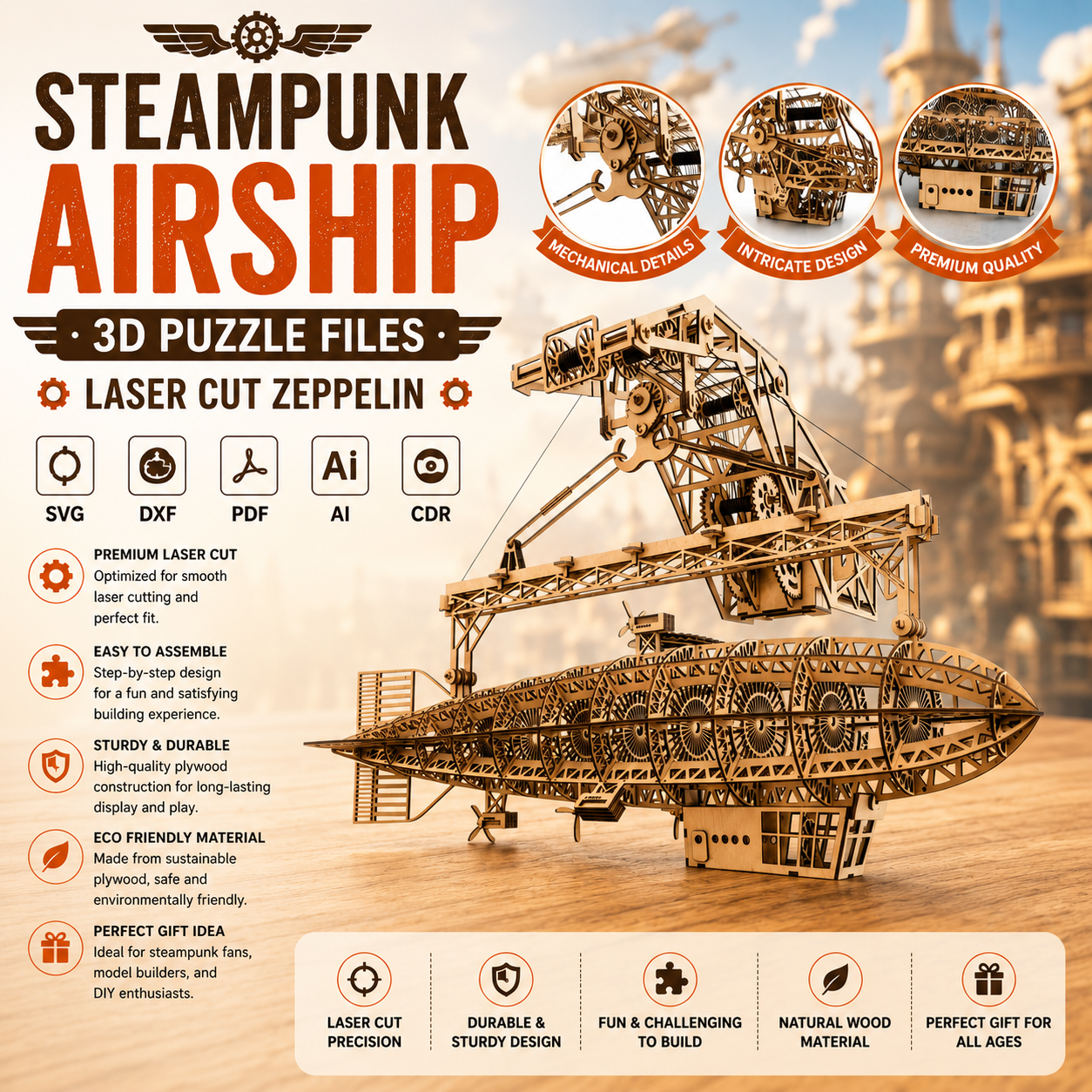 ChatGPT Image Jun 12, 2026, 07_35_56 PM Steampunk Airship 3D Puzzle Laser Cut File | Zeppelin Wooden Model Kit for Glowforge Xtool CNC | Svg Dxf Pdf - Image 1