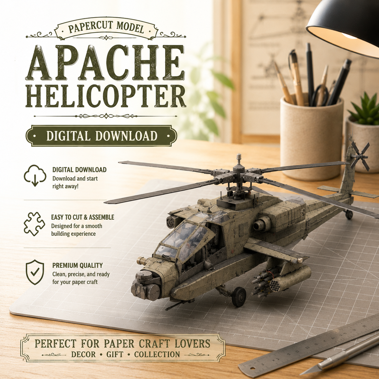 ChatGPT Image Jun 16, 2026, 07_42_43 PM Apache Helicopter Papercraft Template, 3D Paper Model PDF, Printable DIY Aircraft Craft Kit, Cut and Glue Hobby Project, Digital Download Decor - Image 1