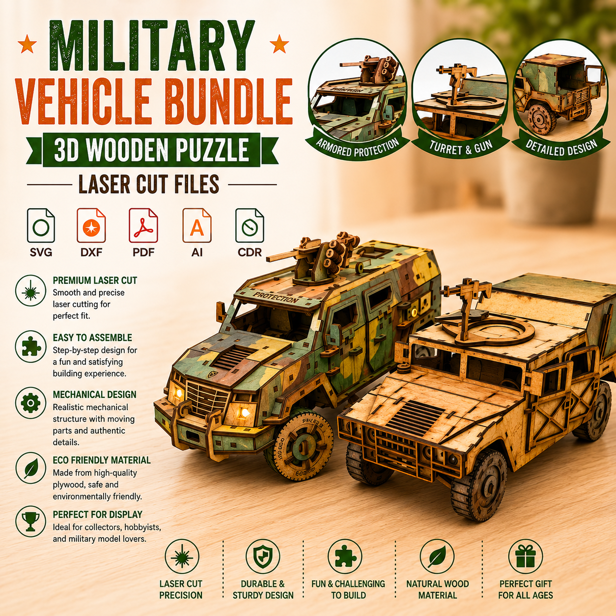 ChatGPT Image Jun 17, 2026, 06_24_45 PM Military Vehicle Bundle Laser Cut File | 3D Armored Truck & APC Model Kit for Glowforge Xtool CNC | Svg Dxf Pdf - Image 1