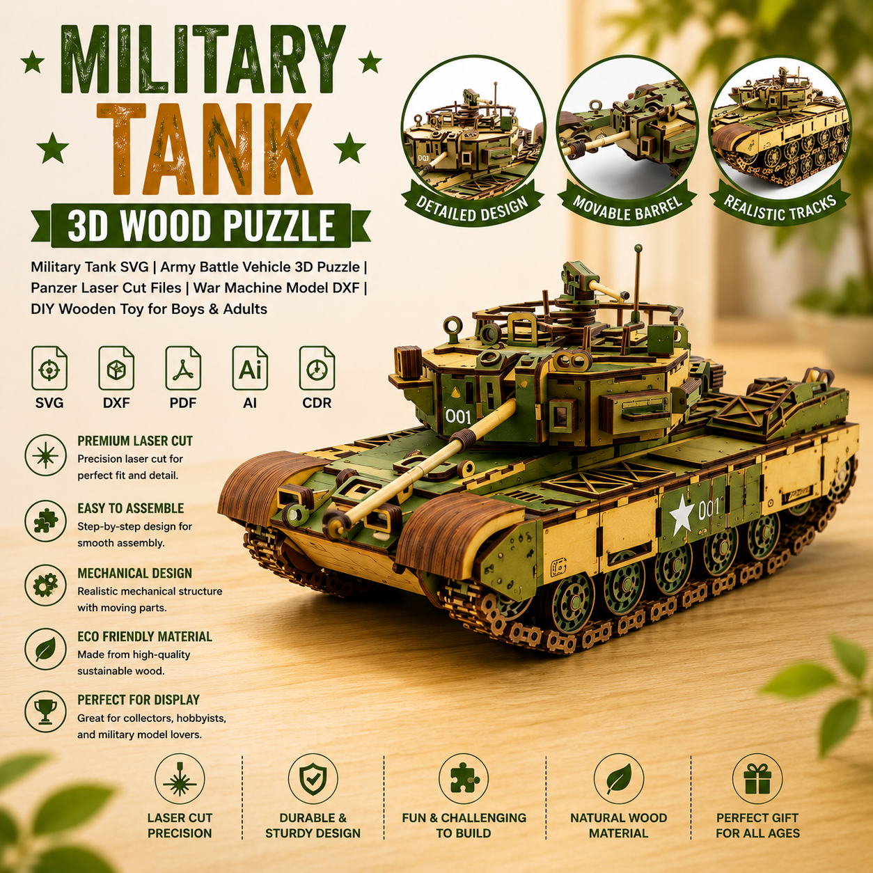 ChatGPT Image Jun 17, 2026, 07_14_30 PM Military Tank 3D Puzzle Laser Cut File | Army Battle Vehicle Wooden Model Kit for Glowforge Xtool CNC | Svg Dxf Pdf - Image 1