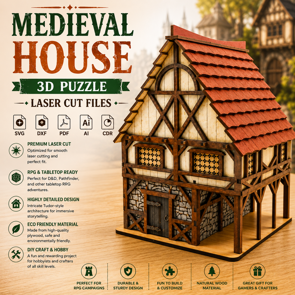 ChatGPT Image Jun 17, 2026, 07_24_08 PM Medieval House 3D Puzzle Laser Cut File | Tudor Cottage RPG Terrain for DnD Tabletop Scenery | Svg Dxf Pdf - Image 1