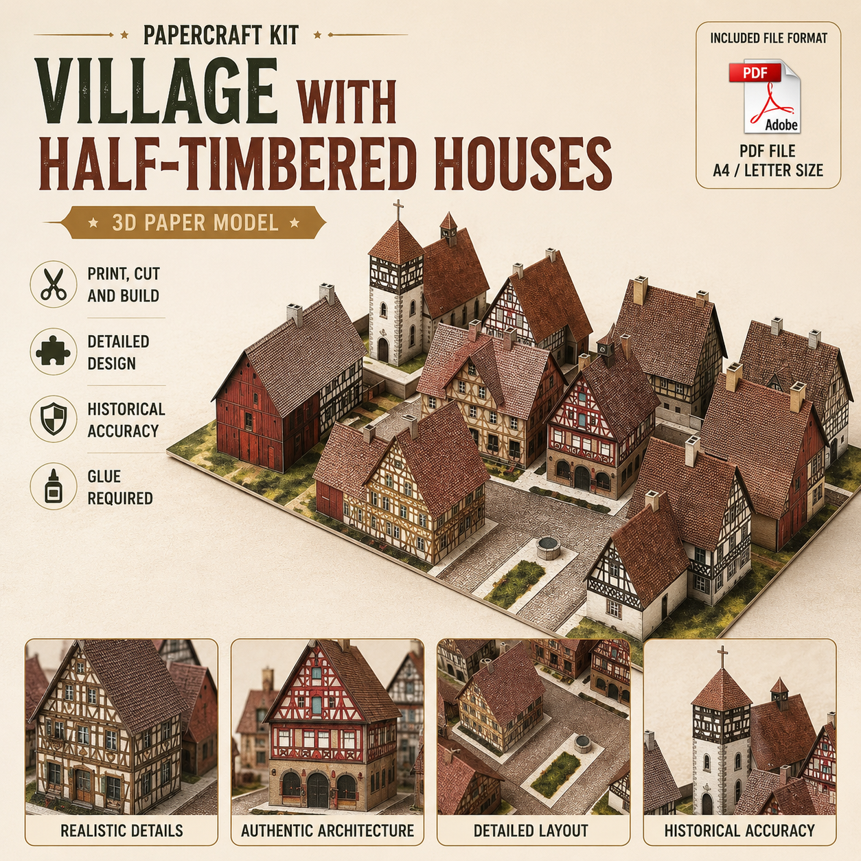 ChatGPT Image Jun 17, 2026, 07_45_56 PM PaperCraft kit Village with Half-Timbered Houses 3d paper model crafting PDF plans DIY template - Image 1