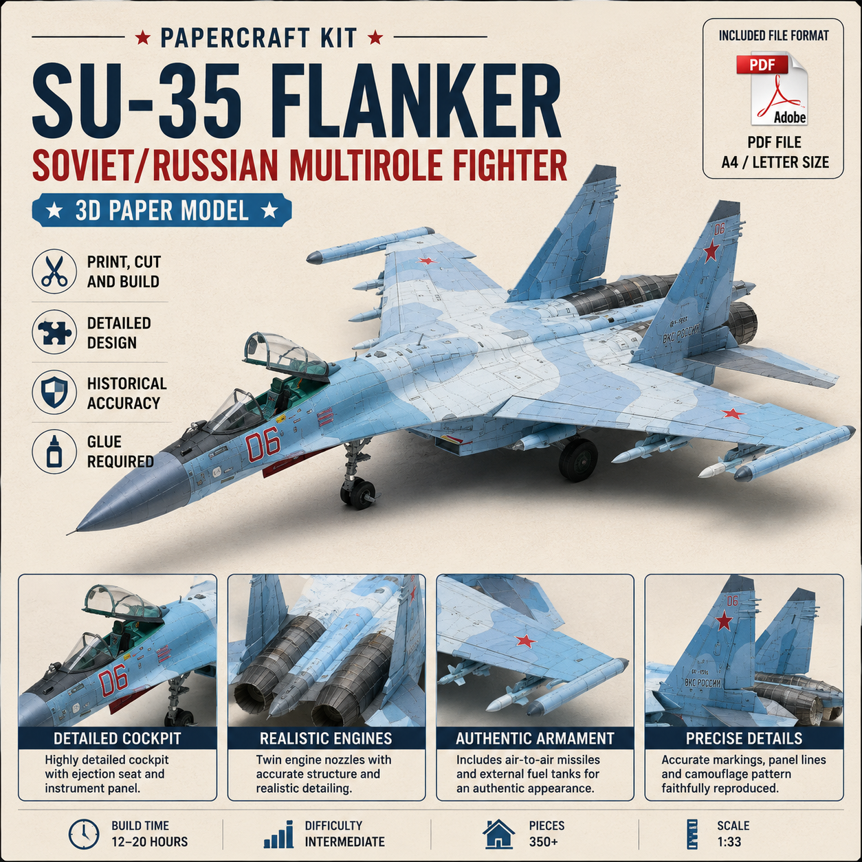 ChatGPT Image Jun 18, 2026, 06_47_58 PM PaperCraft kit Su-35 Flanker airplane 3d paper model crafting PDF plans DIY template - Image 1