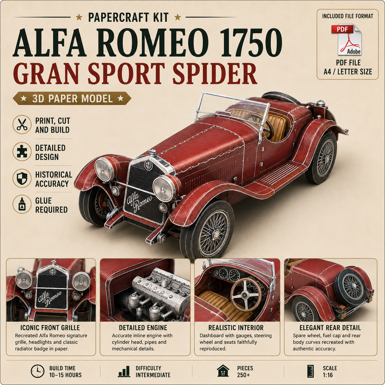 ChatGPT Image Jun 18, 2026, 07_49_45 PM PaperCraft kit Alfa Romeo 1750 car 3d paper model crafting kit PDF plans to print cut & glue DIY paper craft template for hobby puzzle decor - Image 1