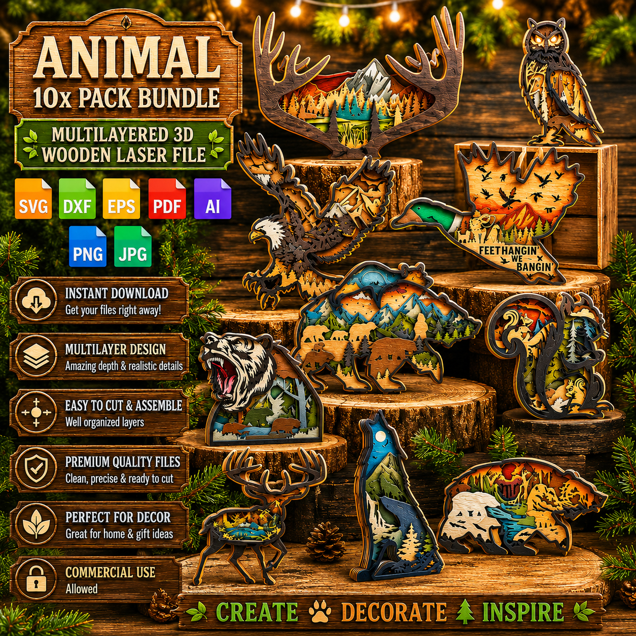 ChatGPT Image Jun 18, 2026, 08_37_06 PM 10x Animal Bundle 3D Multilayer Laser Cut File | Wildlife Forest Wooden Decor for Glowforge Xtool Cricut | Svg Dxf Eps Png - Image 1