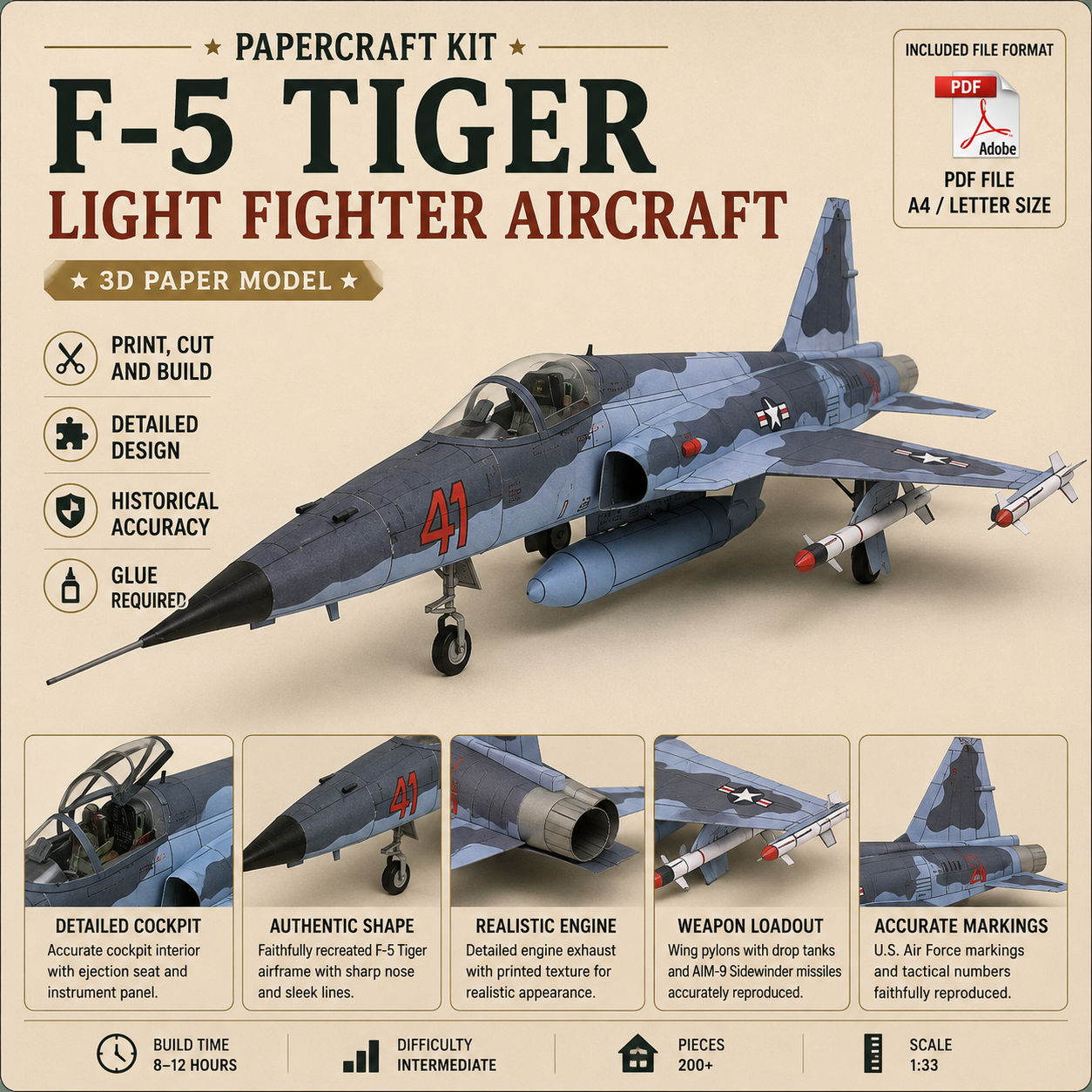 ChatGPT Image Jun 18, 2026, 08_45_48 PM PaperCraft kit f-5 Tiger airplane 3d paper model crafting kit PDF plans to print cut & glue DIY paper craft template hobby puzzle decor - Image 1