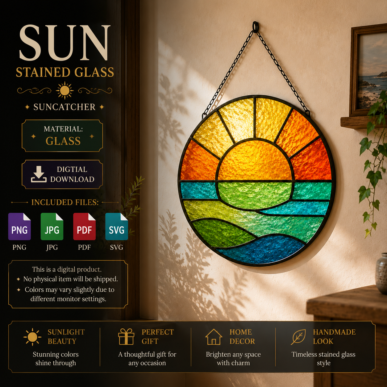 ChatGPT Image Jun 2, 2026, 06_32_11 PM Stained Glass Sun Suncatcher – Handmade Colorful Window Panel, Coastal & Nautical Home Decor, Glass Wall Hanging, Sunlight Reflection Art - Image 1
