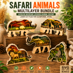 Safari Animals Multilayer Bundle – African Wooden Layered Animal Decor | Laser Cut Files for Glowforge, Xtool | SVG DXF Bundle