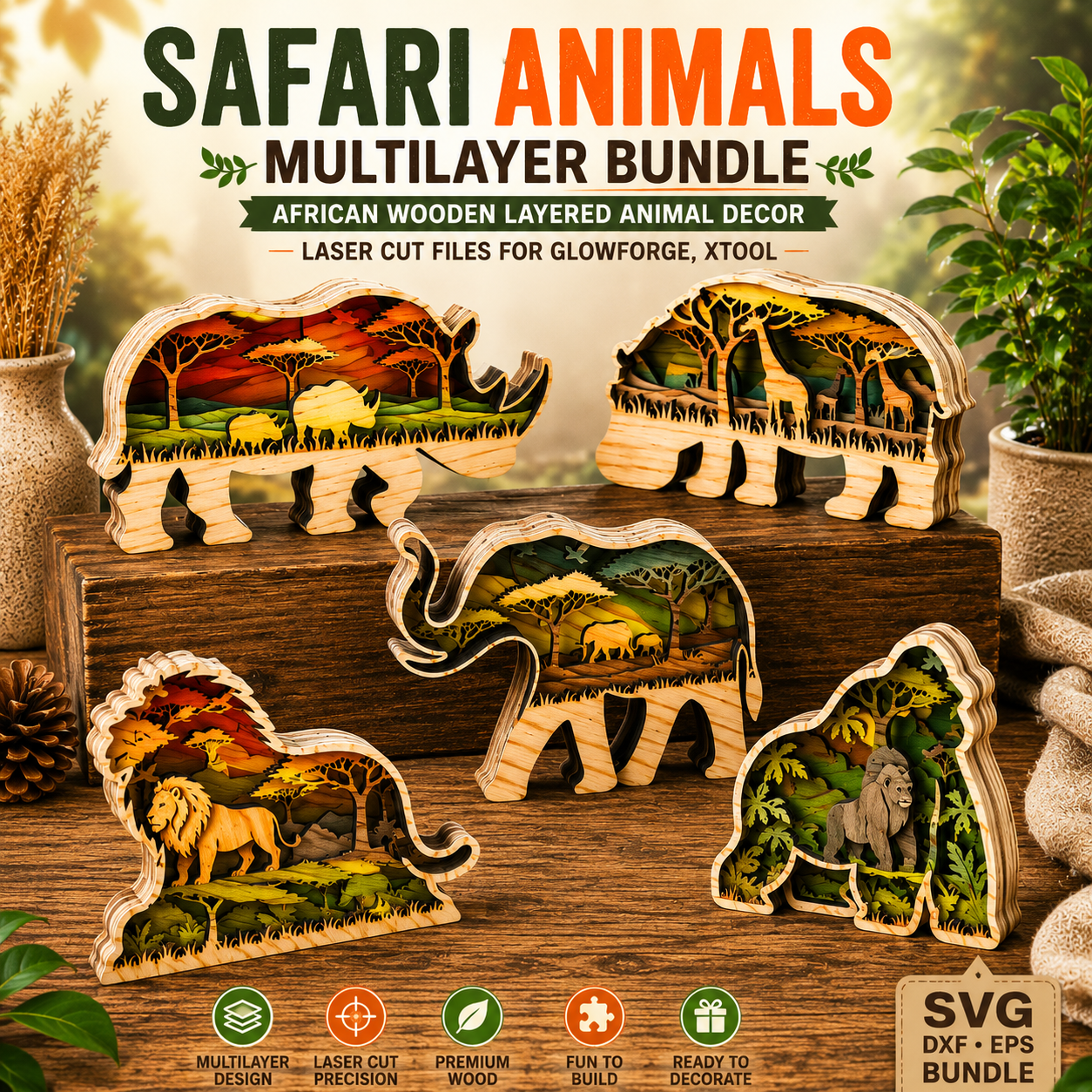 ChatGPT Image Jun 20, 2026, 06_18_15 PM Safari Animals Multilayer Bundle – African Wooden Layered Animal Decor | Laser Cut Files for Glowforge, Xtool | SVG DXF Bundle - Image 1