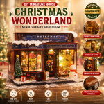 Christmas Wonderland Miniature House Kit | DIY Wooden Gift Shop Dollhouse with LED Light | Handmade Holiday Decor Gift