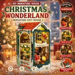 Christmas Wonderland Miniature Gift House Kit | DIY Wooden Dollhouse with LED Light | Holiday Decor Gift
