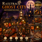 Railtrack Ghost City Miniature House Kit | DIY Haunted Train Station with Moving Train & LED Lights | Halloween Decor Gift