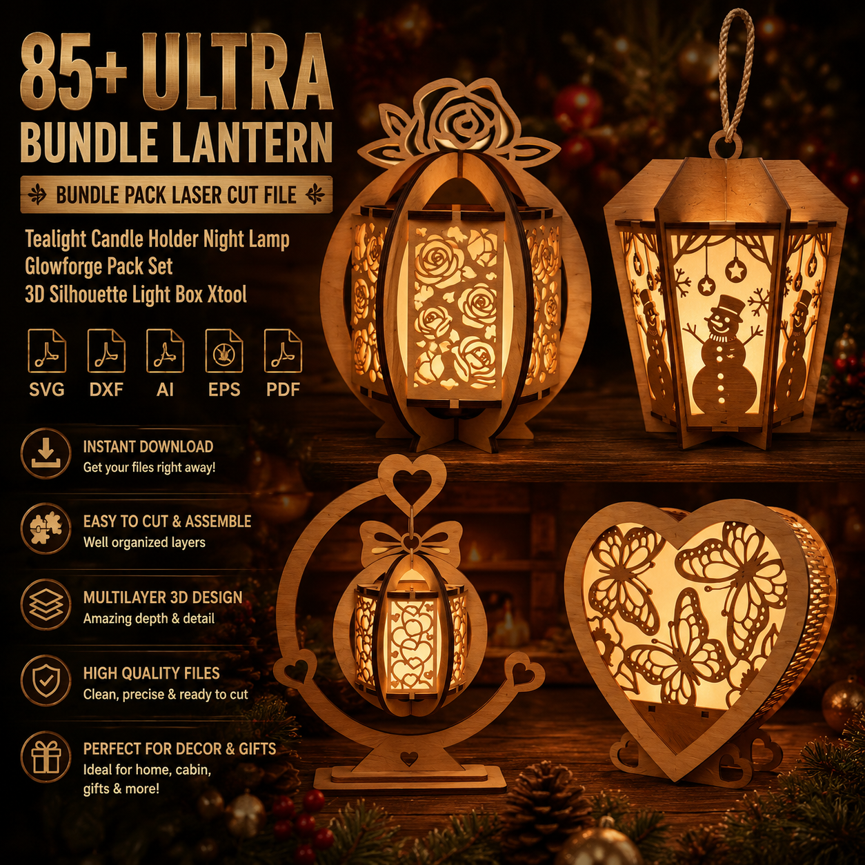 ChatGPT Image Jun 4, 2026, 07_00_03 PM 85+ Lantern Bundle Christmas 3D Laser Cut File | Wooden Tealight Candle Holder Night Lamp for Glowforge Xtool CNC | SVG DXF - Image 1