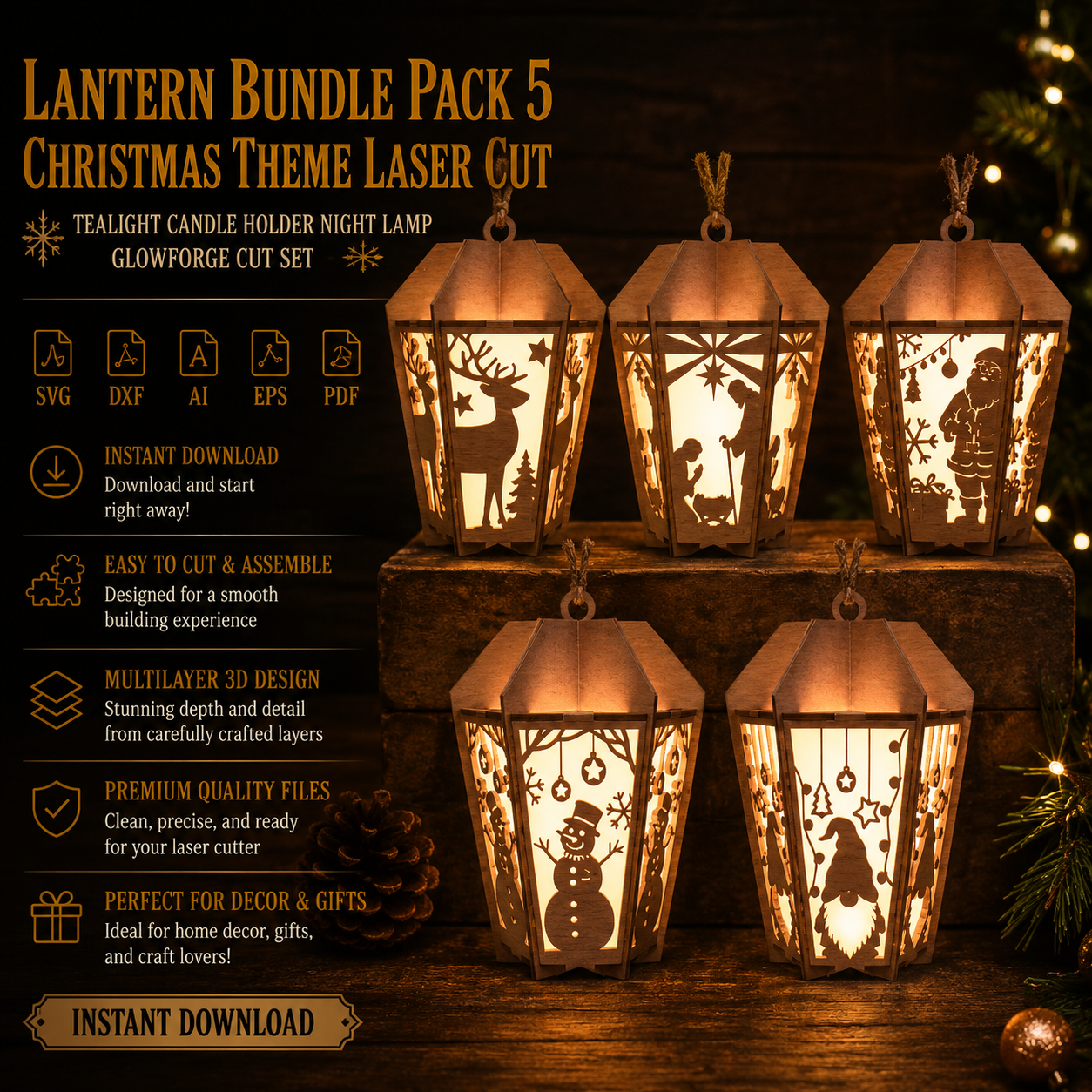 ChatGPT Image Jun 4, 2026, 07_29_49 PM Lantern Bundle Pack 5 Christmas Laser Cut File | Tealight Candle Holder Night Lamp for Glowforge Xtool CNC | SVG DXF - Image 1