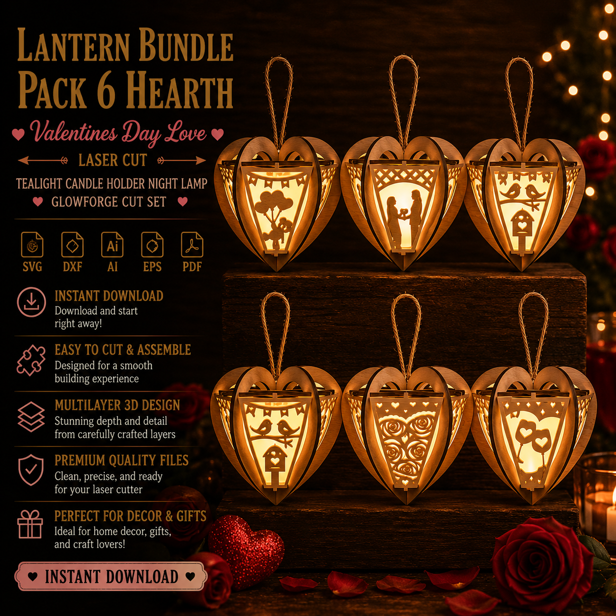 ChatGPT Image Jun 5, 2026, 06_19_29 PM Lantern Bundle Pack 6 Valentine Heart Laser Cut File | Tealight Candle Holder Night Lamp Glowforge Xtool CNC | SVG DXF - Image 1