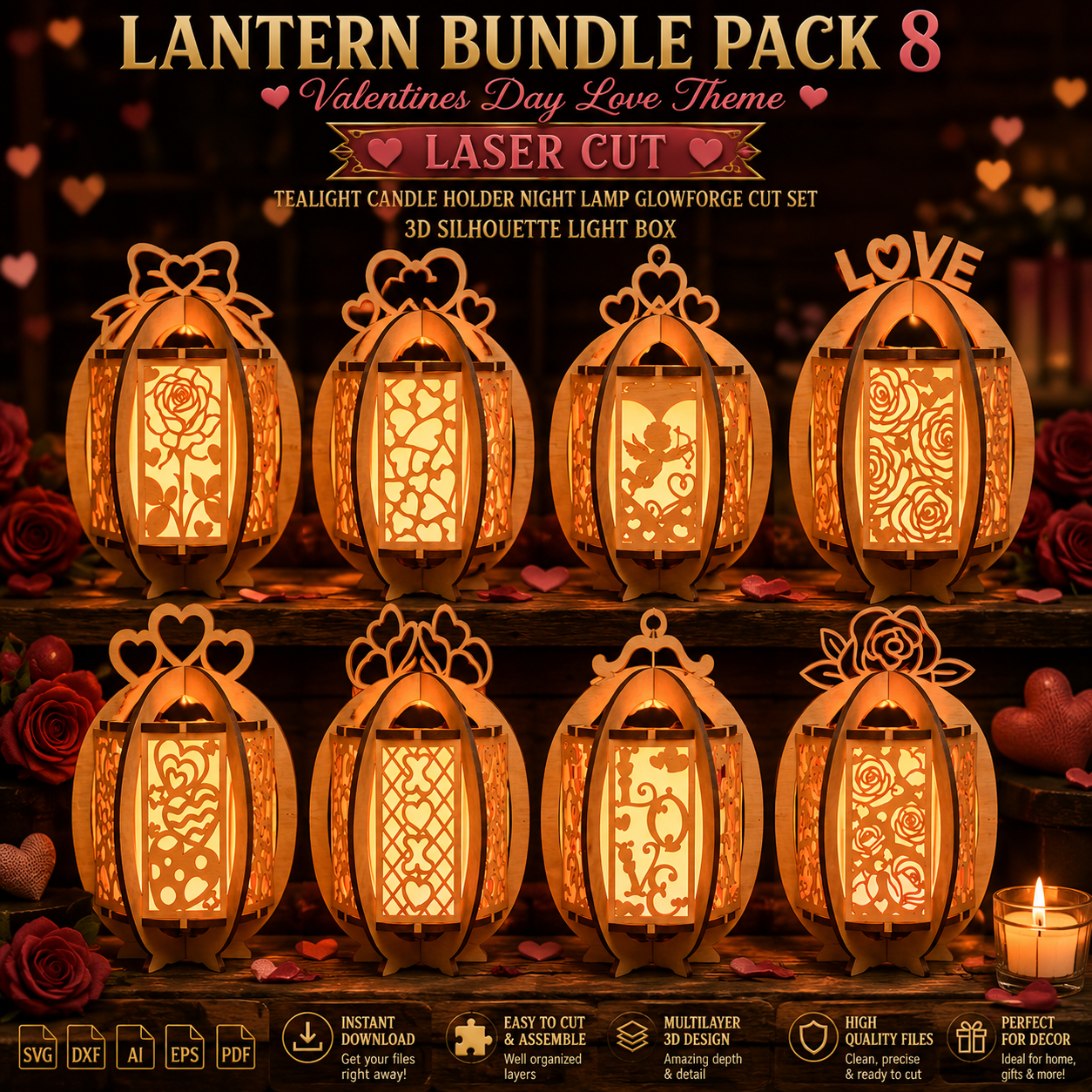 ChatGPT Image Jun 5, 2026, 06_29_14 PM Lantern Bundle Pack 8 Valentine Love Theme Laser Cut File | Tealight Candle Holder Night Lamp Glowforge Xtool CNC | SVG DXF - Image 1
