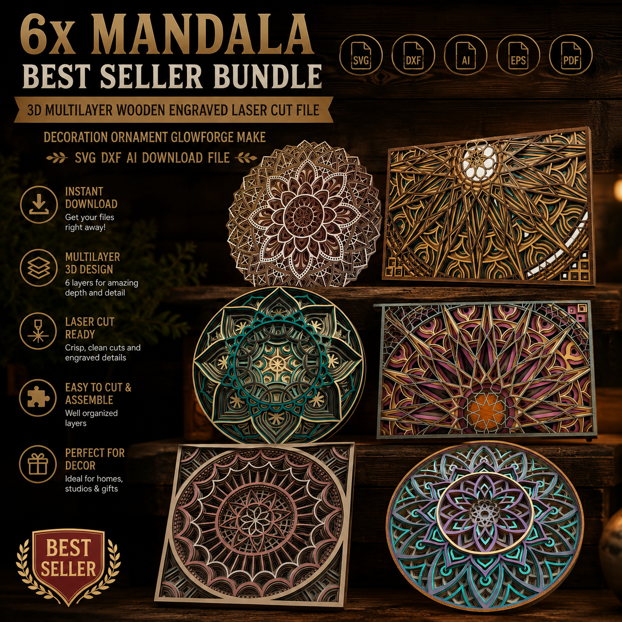 ChatGPT Image Jun 5, 2026, 07_32_21 PM 6x Mandala Bundle 3D Multilayer Laser Cut File | Wooden Mandala Decor for Glowforge Xtool Cricut CNC | Svg Dxf Ai - Image 1