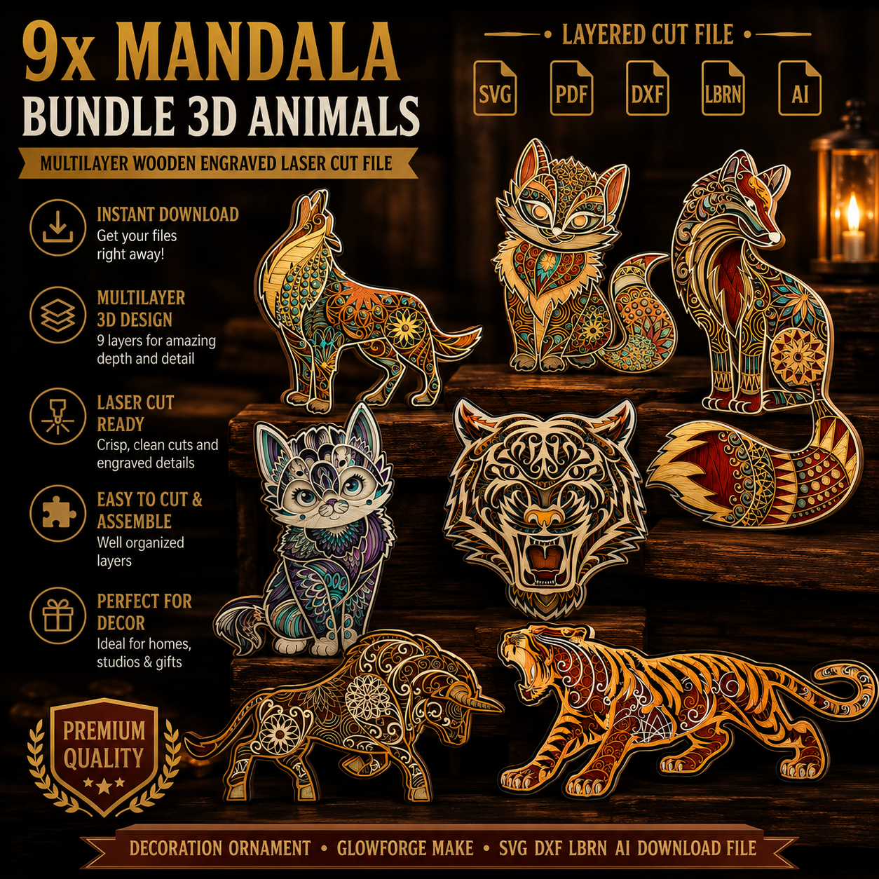 ChatGPT Image Jun 5, 2026, 07_55_22 PM 9x Animal Mandala Bundle 3D Multilayer Laser Cut File | Wooden Animal Wall Decor for Glowforge Xtool CNC | Svg Dxf Ai Lbrn - Image 1