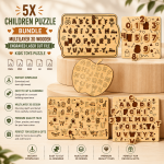 5x Children Puzzle Bundle 3D Multilayer Laser Cut File | Wooden Kids Toy Alphabet Puzzle for Glowforge Xtool CNC | SVG DXF
