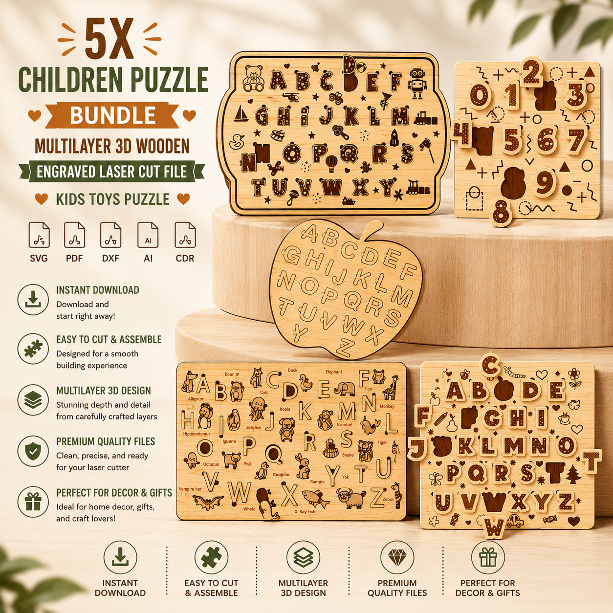 ChatGPT Image Jun 8, 2026, 07_59_23 PM 5x Children Puzzle Bundle 3D Multilayer Laser Cut File | Wooden Kids Toy Alphabet Puzzle for Glowforge Xtool CNC | SVG DXF - Image 1