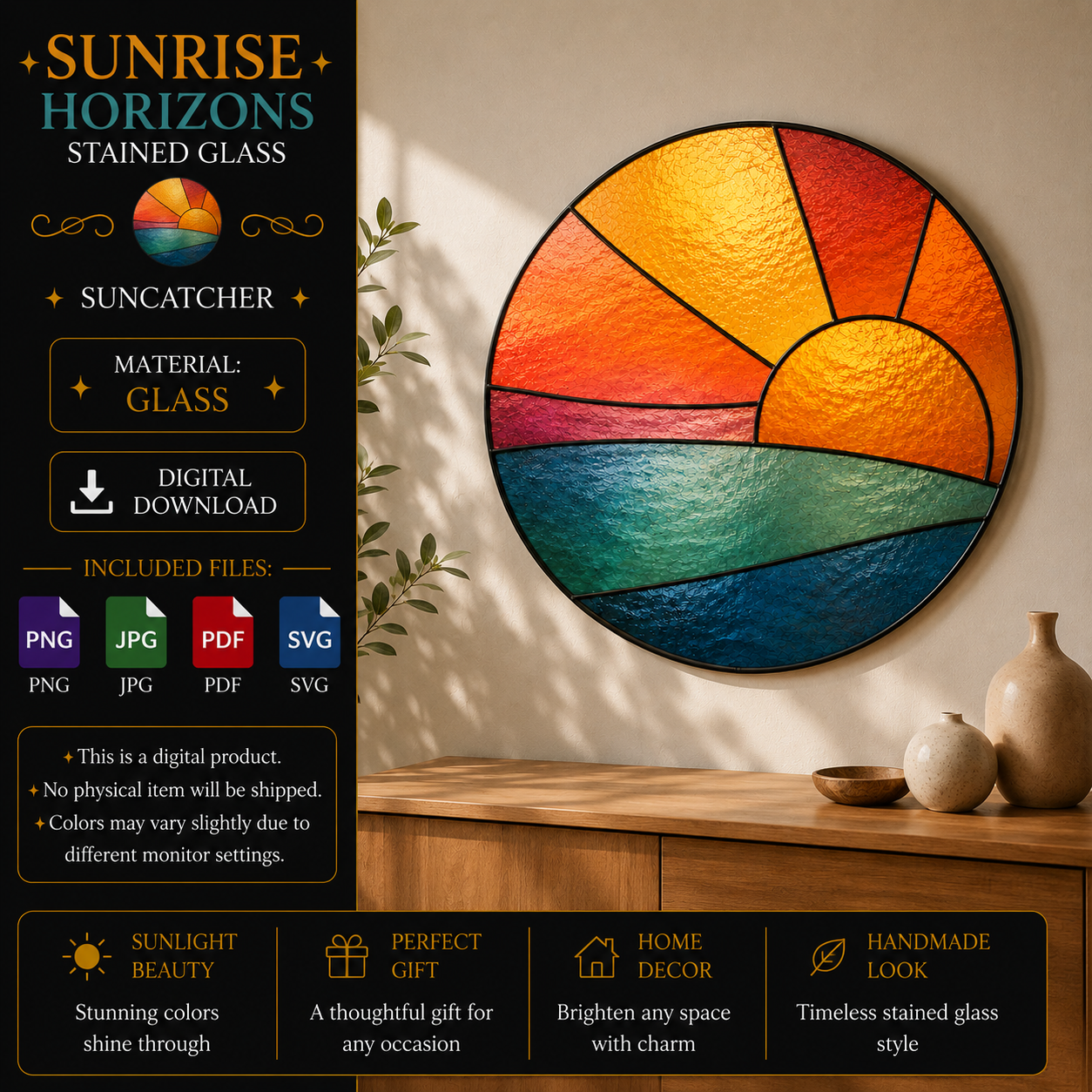 ChatGPT Image Jun 9, 2026, 07_06_18 PM Sunrise Horizons Stained Glass Suncatcher Pattern, Coastal Sunrise Window Art, Modern Landscape Decor Digital Download - Image 1