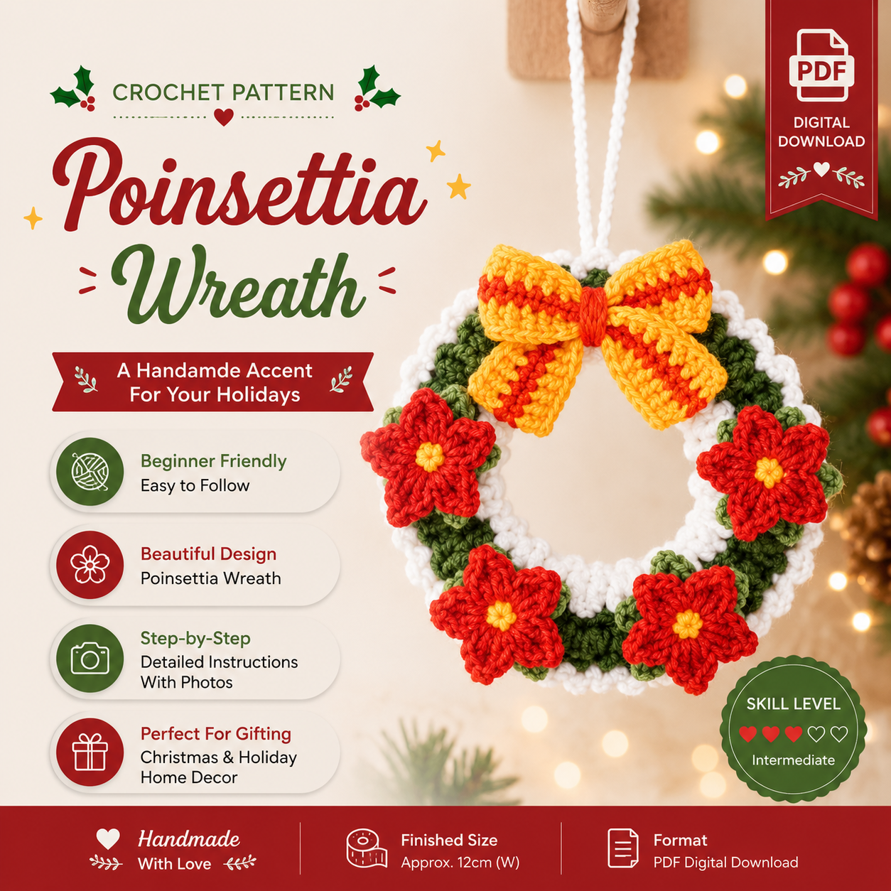 a0bfdbc2-e0c6-4758-8753-306e32229236 Christmas Wreath Crochet Pattern PDF, Poinsettia Wreath Pattern, Holiday Home Decor, Christmas Ornament Crochet Tutorial - Image 1