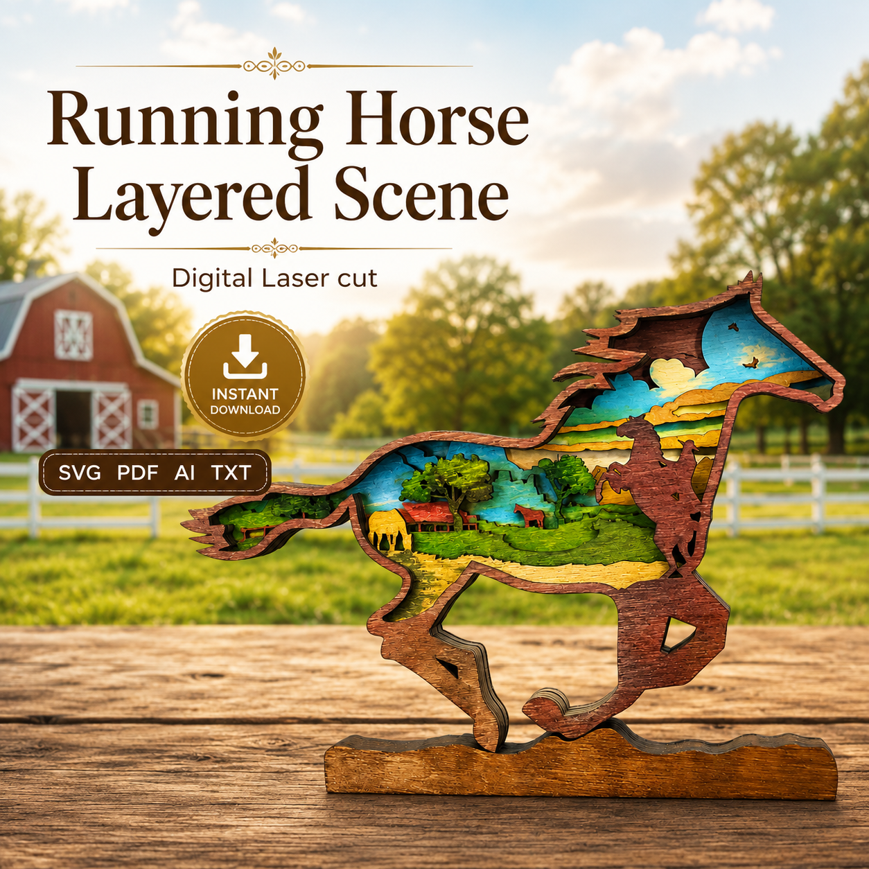 a1109ff6-7d40-4c34-b65d-b05f9cb75400 Horse SVG, Running Mustang, 3D Layered Mandala, Glowforge Laser Art - Image 1