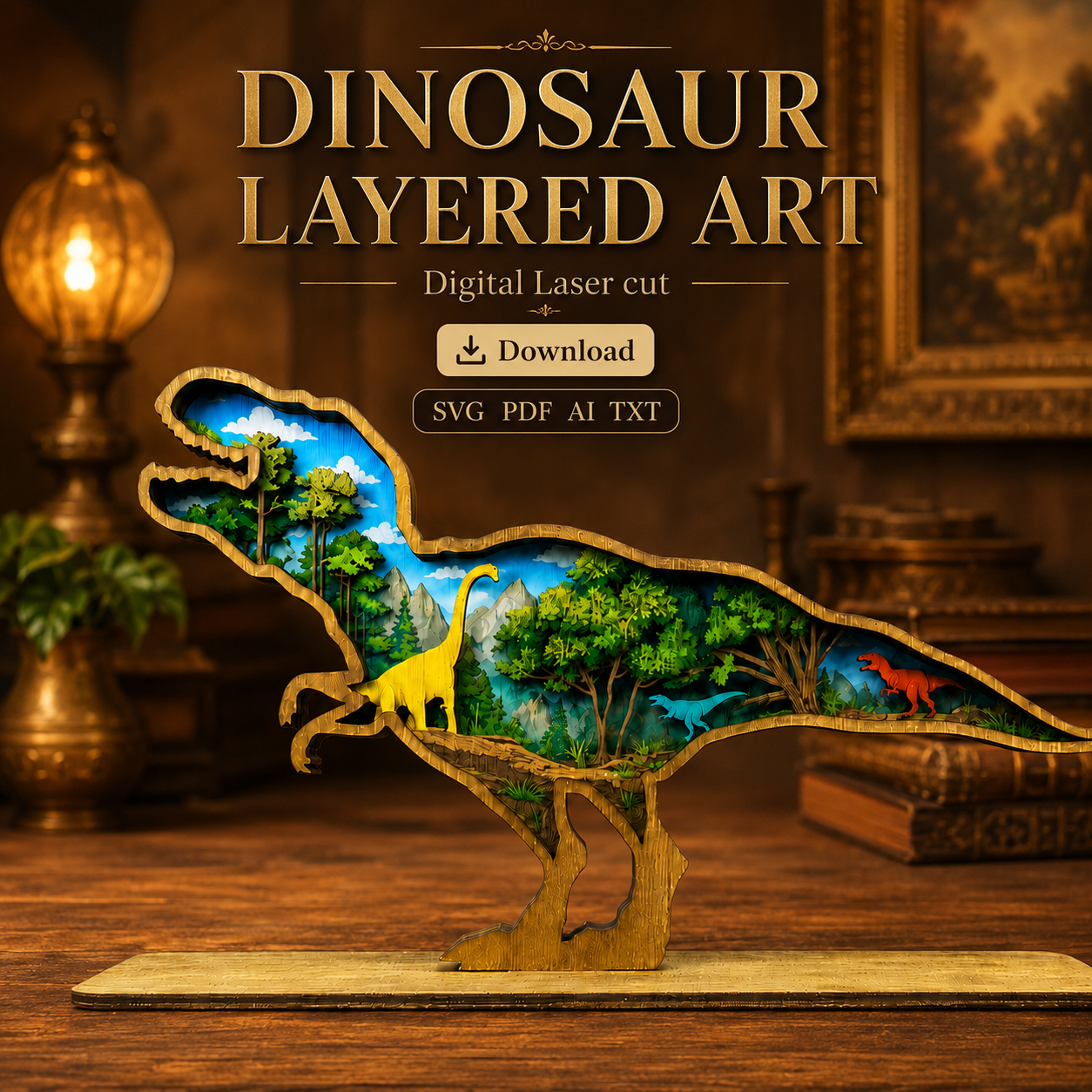 a9fcb749-59af-4eb9-ac7a-0c655c9fc756 Layered T-Rex SVG Dinosaur Art, Plywood Laser Cut - Image 1