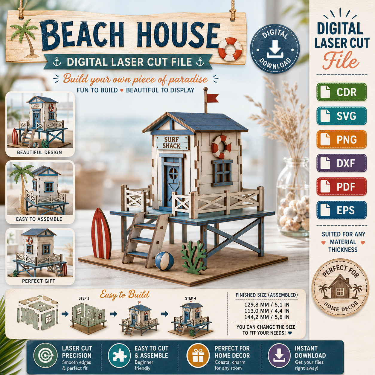 abc15cba-17c4-4303-96ee-ac3b28f639ec 3D Beach House Laser Cut Bundle, Coastal House SVG, Summer Cottage CNC Template, DXF PDF EPS Files - Image 1