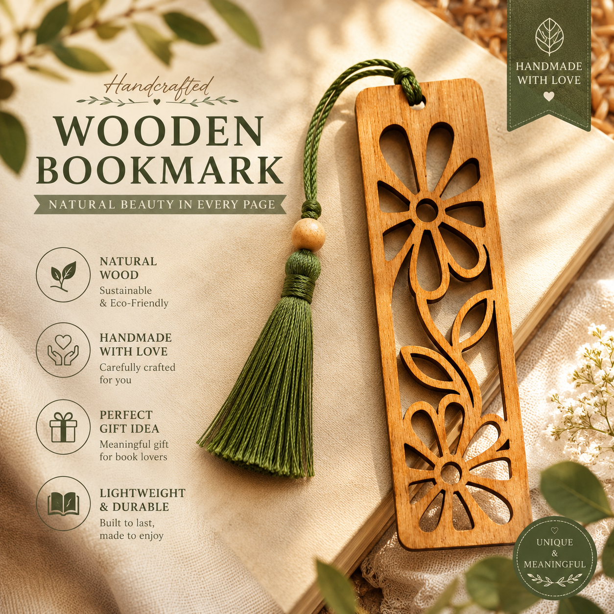 ac0d8726-eb5a-4113-b80d-42f0a04632f2 Floral Wooden Bookmark with Tassel | Laser Cut Wood Bookmark | Handmade Bookmark Gift for Book Lovers | Rustic Reading Accessory - Image 1