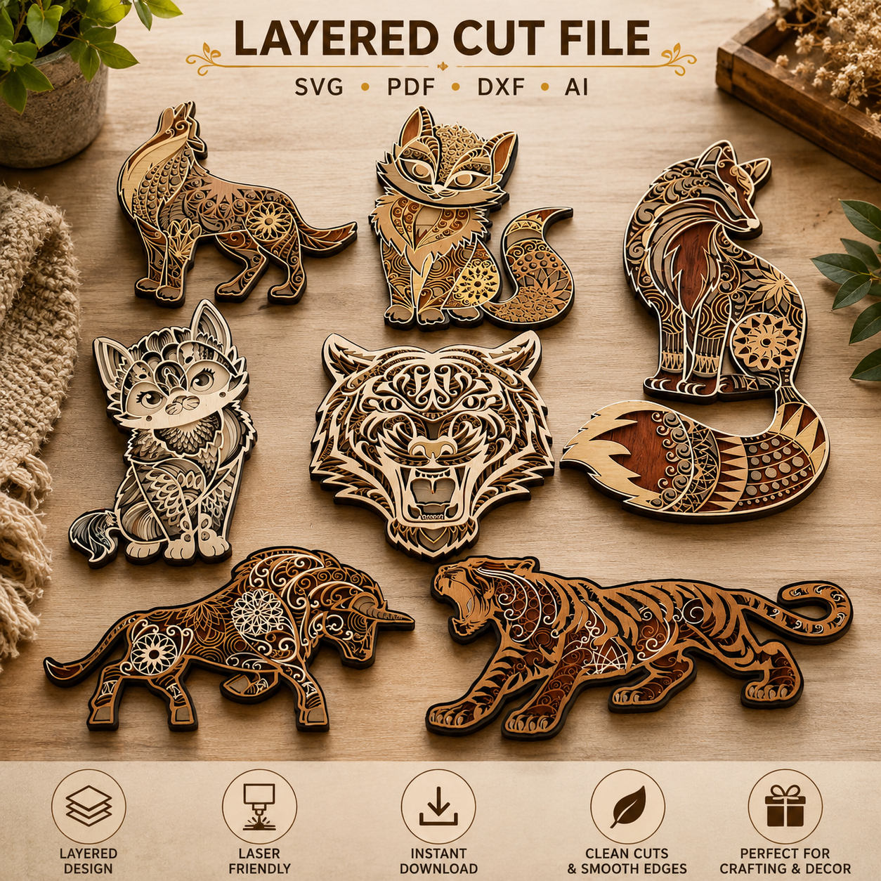 ad742ae1-52ae-4682-914e-c00f752d08ac 9x Mandala Bundle 3D Animals Multilayer Wooden Engraved Laser Cut File, Decoration Ornament Glowforge Make, Svg Dxf Lbrn Ai Download File - Image 1