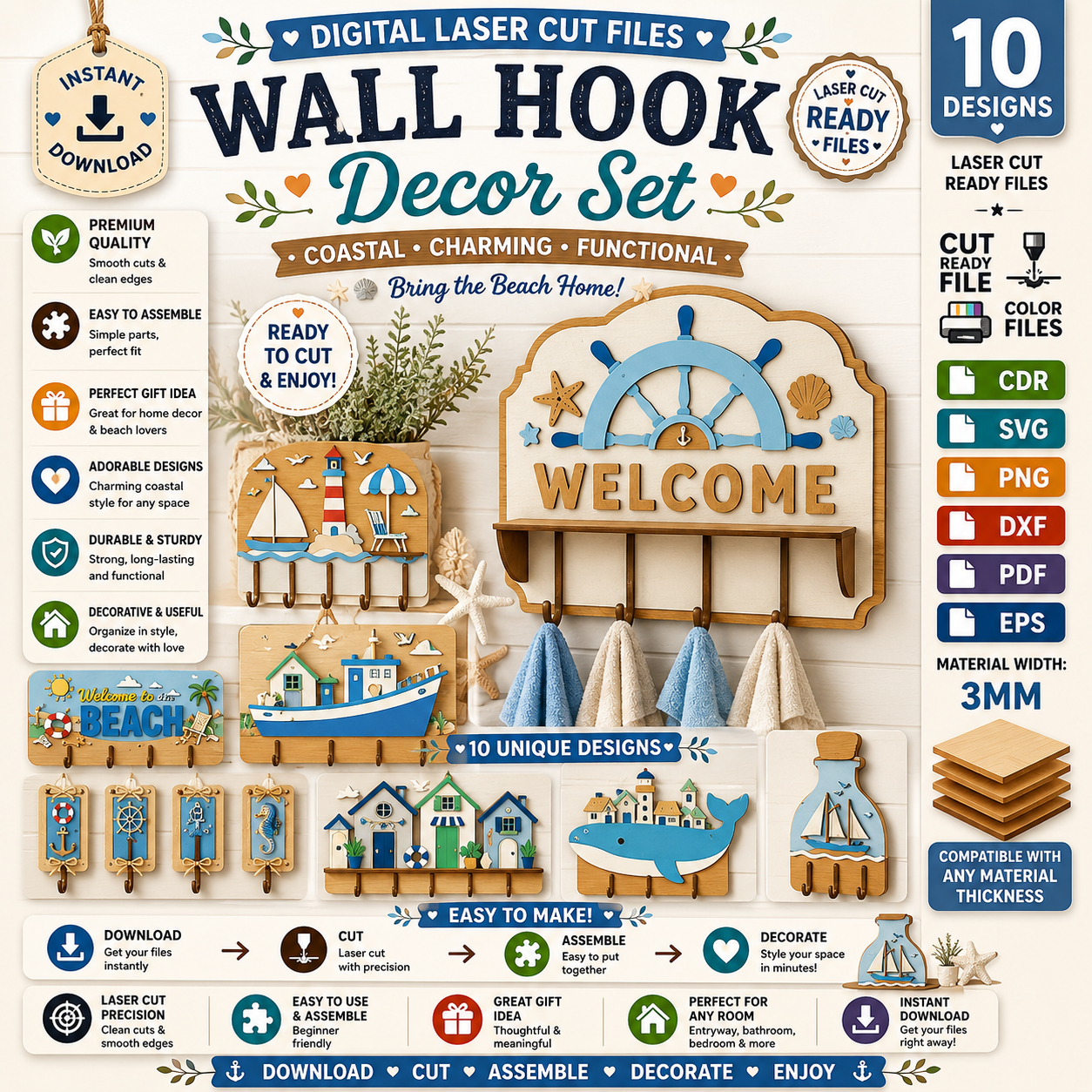 b0d58a80-e576-4fe8-b219-1cacf89b0ece Coastal Wall Hooks Rack Laser Cut Bundle, Beach Wall Hook SVG, Nautical Key Holder CNC Template, DXF PDF EPS - Image 1