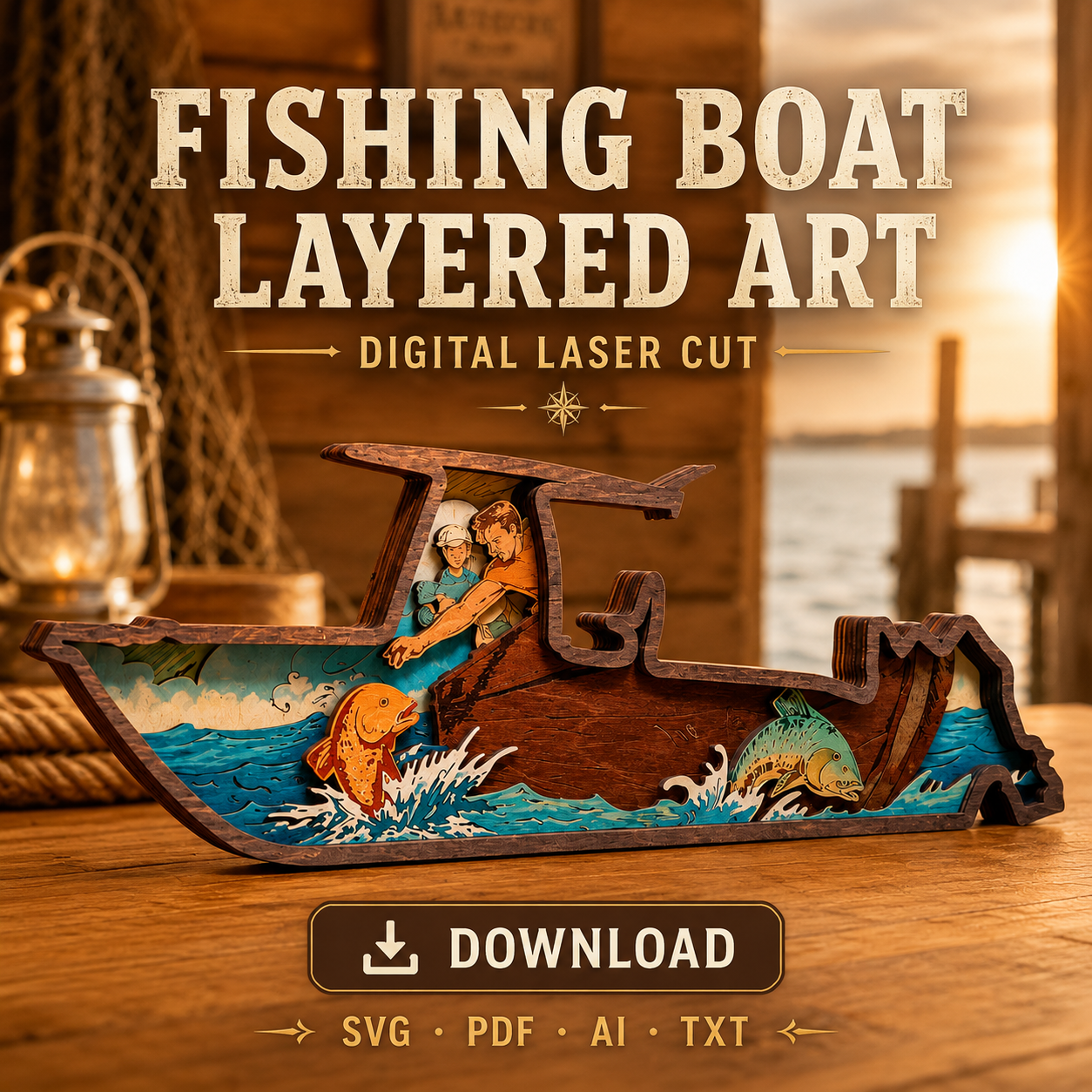 b2785013-40fc-46e3-a7e2-a0366428198b Bass Fishing SVG 3D Layered Silhouette, Fisherman in Boat Cut File, Father Day Gift - Image 1