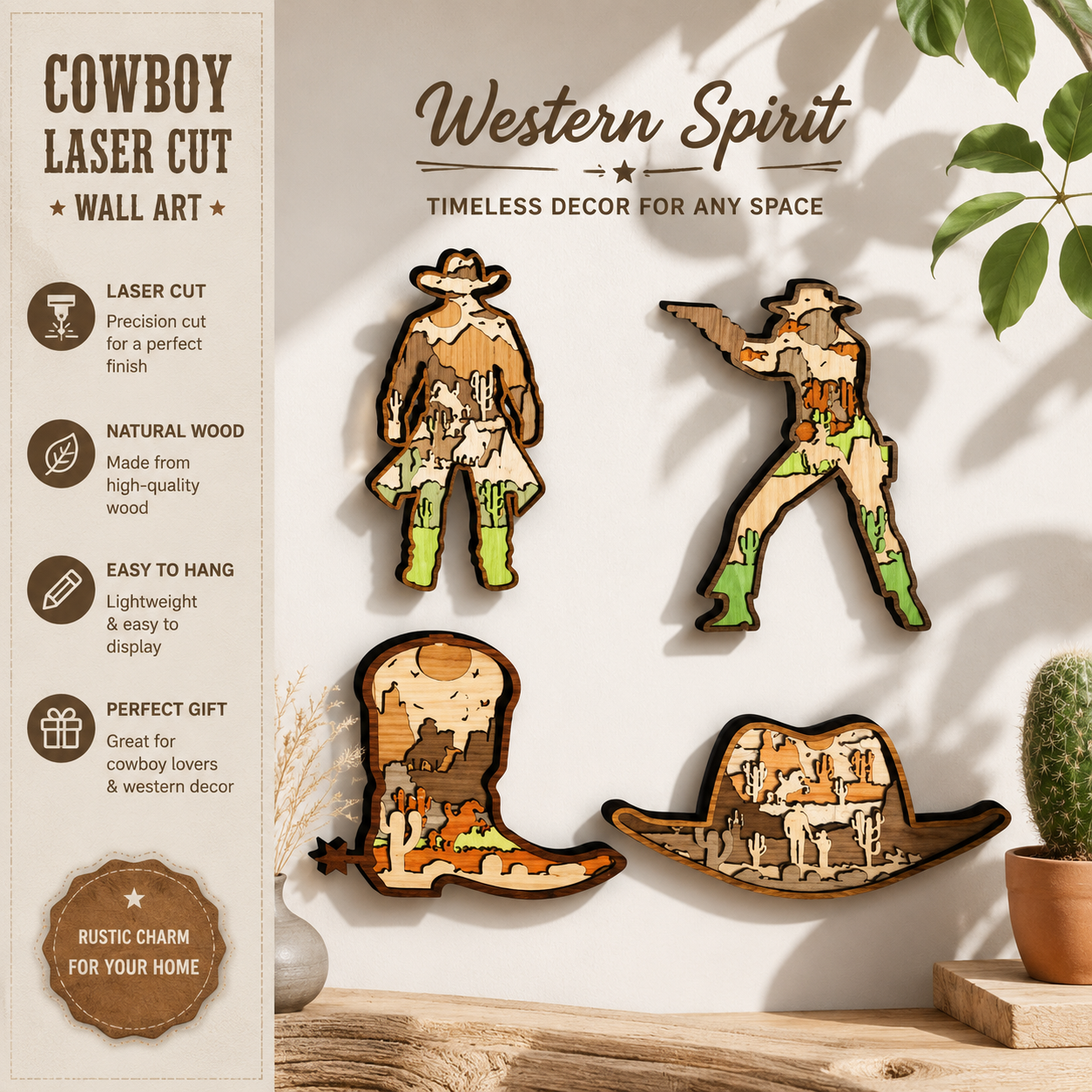 b310ff8a-5fcf-4943-b502-4696e19aeea0 4x Cowboy Bundle 3D Multilayer Wooden Western Engraved Laser Cut File, Decoration Ornament Glowforge Svg Dxf Eps Jpg Pdf Png Xtool File - Image 1